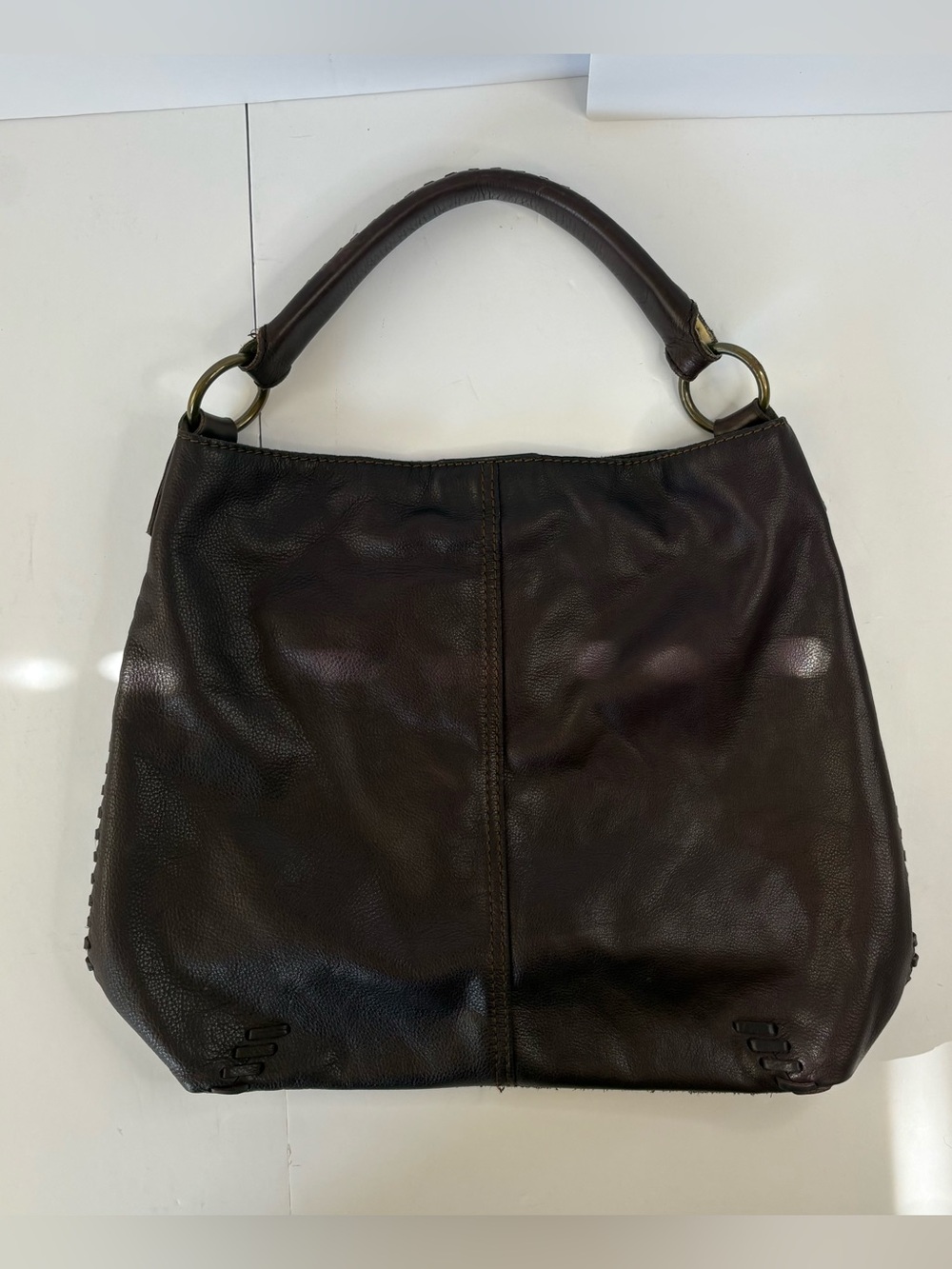 Lucky Brand Leather Whipstitch Slouchy Hobo Bag Rich Oxblood Burgundy Brown Boho - Picture 3 of 9